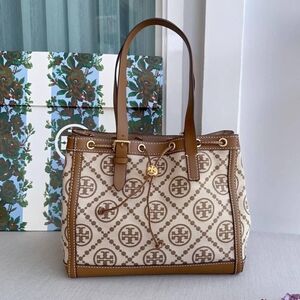 Tory Burch t monogram jacquard small tote bag (brown/cream)
